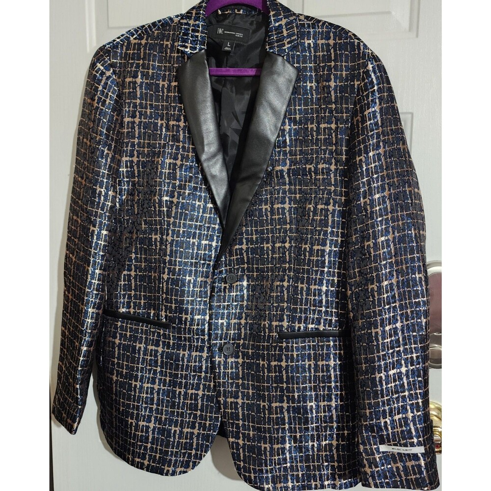 INC International Concepts Milan Slim Fit Blazer Jacket Metallic Blue Gold Large